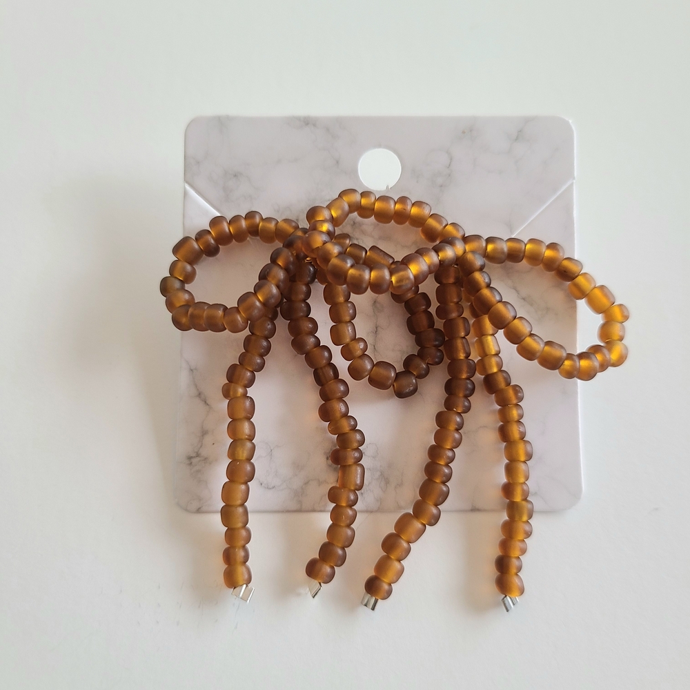 Brown Beaded Bow Earrings - Picture 4 of 5